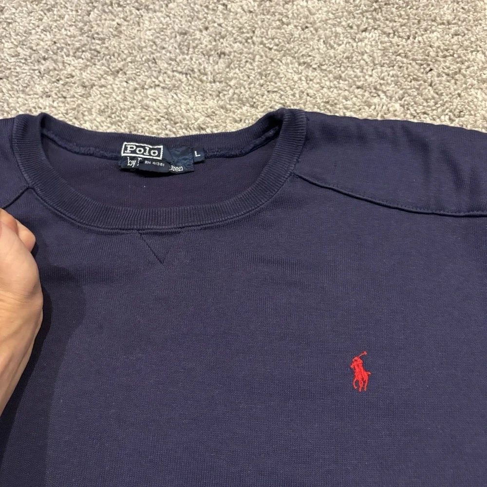 VINTAGE USA POLO Ralph Lauren Navy Crewneck Sweatshirt Pockets Shoulder Pad SZ L